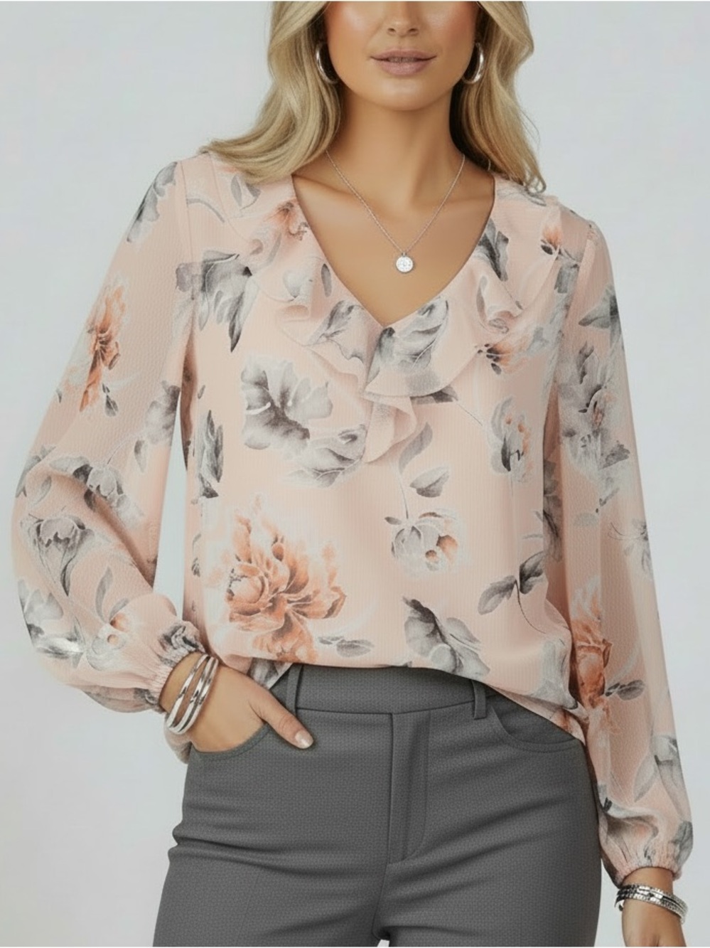 WHITE HOUSE BLACK MARKET Peach & Gray Floral Ruffle V-Neck Long Sleeve Blouse 6